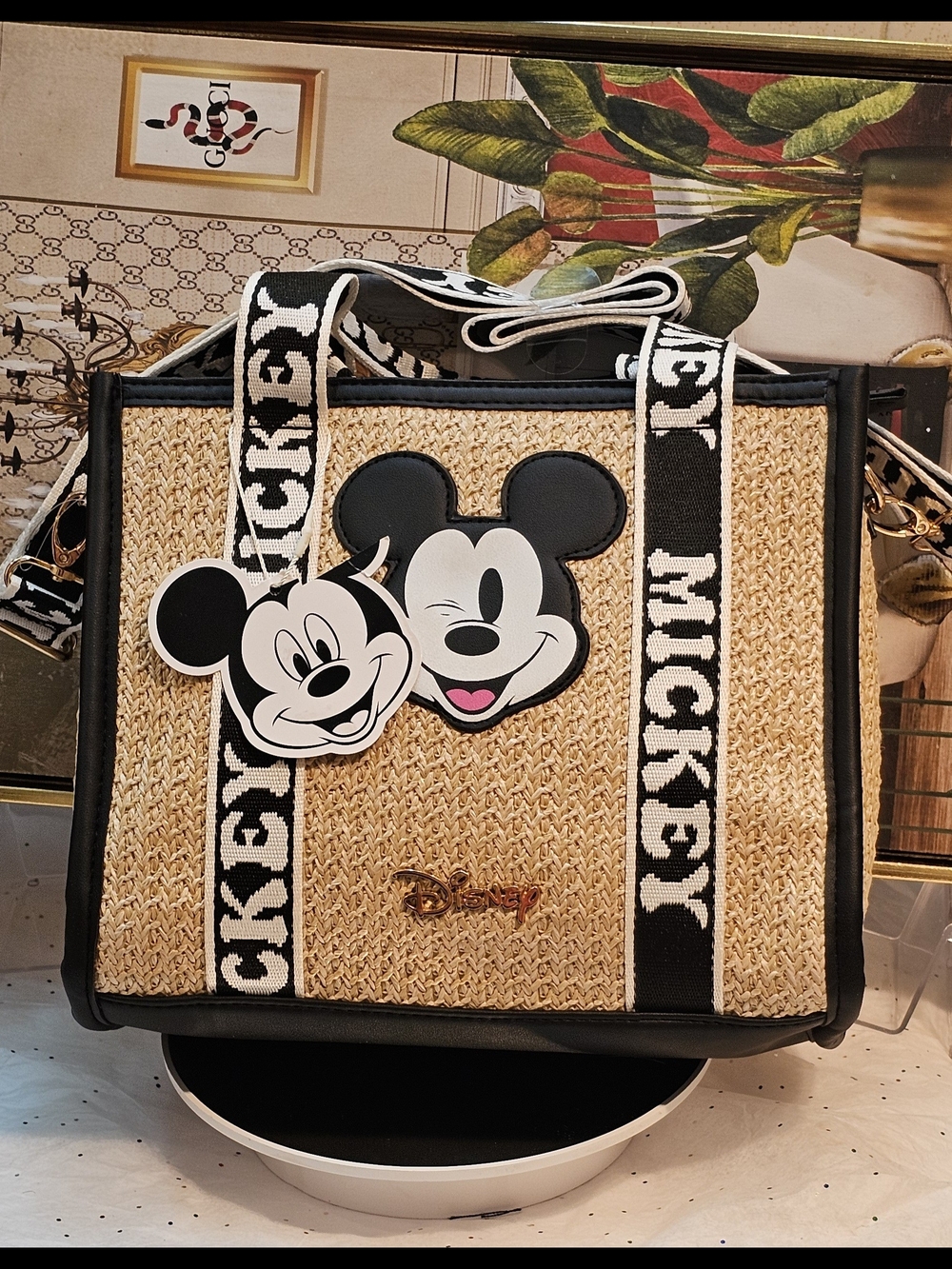 Disney Mickey Mouse Rafia Black & Natural Crossbody Bag - Picture 3 of 16